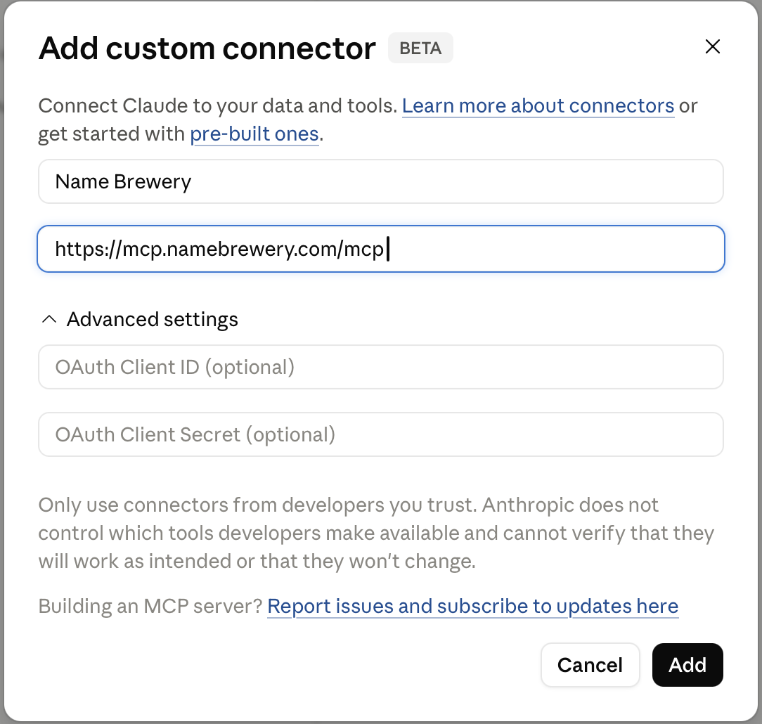 claude.ai Add custom connector dialog filled in with Name Brewery and the MCP server URL