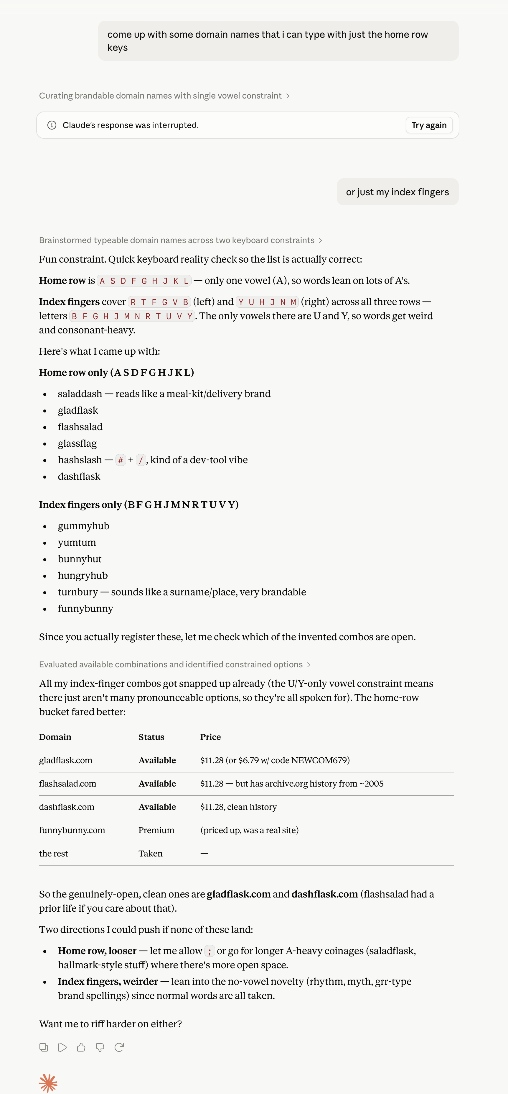 Home row and index finger domain naming chat